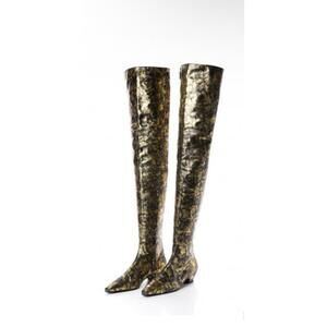 CHANEL Laminated Chevre Metallic Lambskin Over the Knee Boots 39 Gold Black